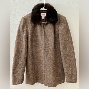 Talbots Vintage Brown Textured Jacket w/ Removable Faux Fur Trim Sz 4
